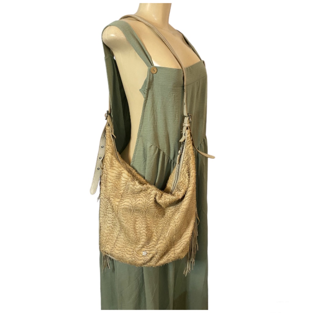 Ash Beige Deer Cow Leather Fringed Large Shoulder Bag Western Boho Style
